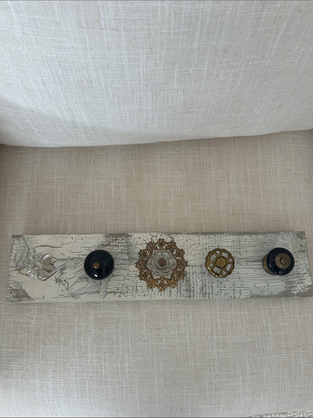 Rustic White Wood Wall Hook Rack with Mixed Glass and Metal Knobs